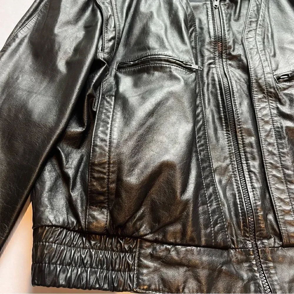 Men's Black Leather Jacket Waist Length Size 44 Bomber